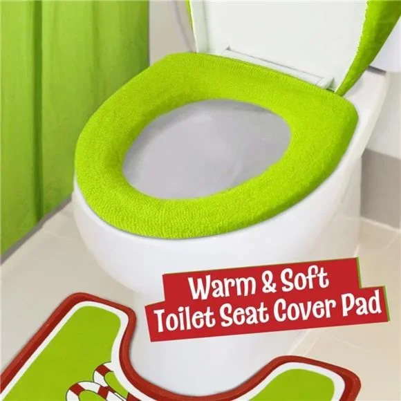 Set of 4 Grinch Decor Toilet Seat Cover and Rug for Indoor Home Red - Green